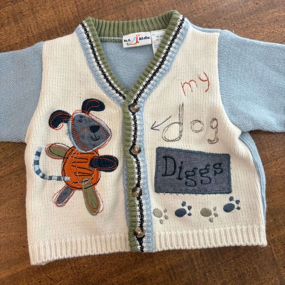 B.T. Kids Baby Dog Sweater 3-6 months “my dog diggs” green blue white cl